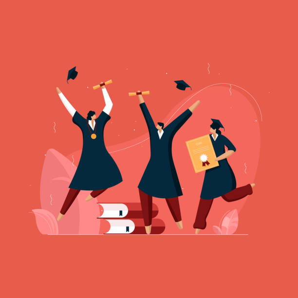 ilustrações de stock, clip art, desenhos animados e ícones de students celebrating graduation with with academic certificate, flying graduation caps - graduation adult student mortar board diploma