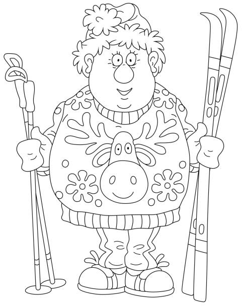 Funny sportsman skier in a Christmas sweater Cheerful boy with a Santa hat holding his skis and poles at a winter training in a park, vector cartoon illustration isolated on a white background kids snow suits stock illustrations