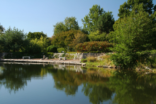 Relaxing Park Scene. Cox Arboretum and Gardens Metropark.  Dayton, Ohio.  Green Trees, Blue Sky, Water.