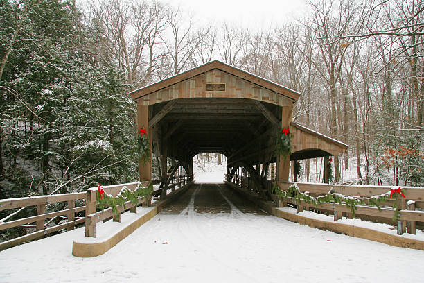 Winter scene of a snow-covered path through Silver Creek in Halton Hills, Ontario.