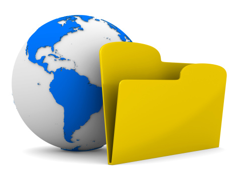 Yellow computer folder and globe on white background. Isolated 3d image
