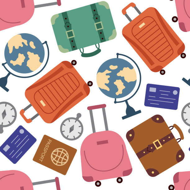 ilustraciones, imágenes clip art, dibujos animados e iconos de stock de maletas de patrón sin costuras. - passport computer graphic digitally generated image white background