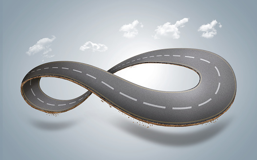 Ilustración 3D de la carretera infinita con nubes o anuncio de diseño de carreteras sin fin photo