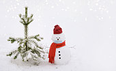 Snowman wearing a face mask, winter hat. scarf on a white background and standing by a tree.