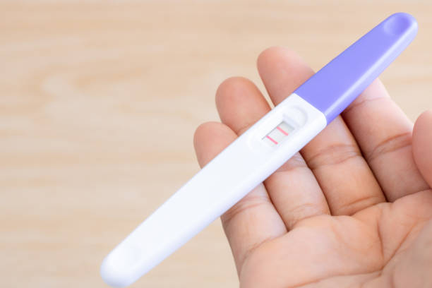 primer plano de la prueba de embarazo en la mano femenina sobre fondo borroso. - prueba de embarazo fotografías e imágenes de stock