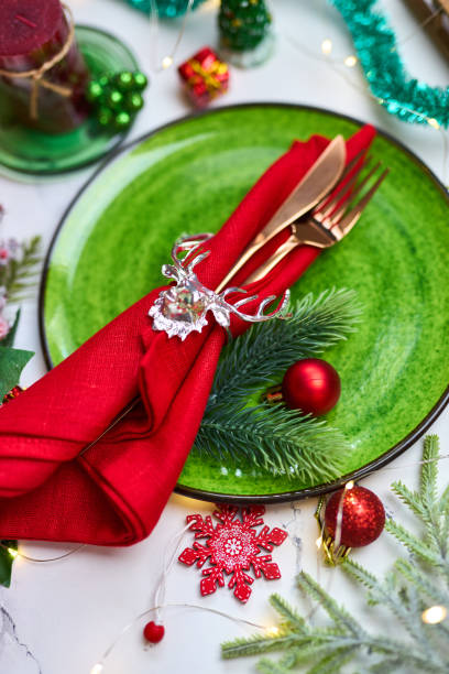 istock Traditional Christmas table place setting. Holidays background 1359650627