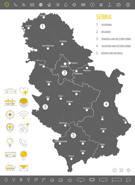 Detailed monochrome map of Serbia, gray territory of the country with geographical borders and administrative divisions on white background, set of travel icons, vector illustratio Detailed monochrome map of Serbia, gray territory of the country with geographical borders and administrative divisions on white background, set of travel icons, vector illustratio pristina stock illustrations