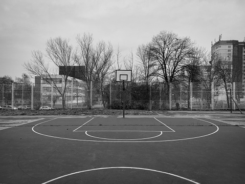 Empty basketball court in black and white. Shot in Sofia, Bulgaria.