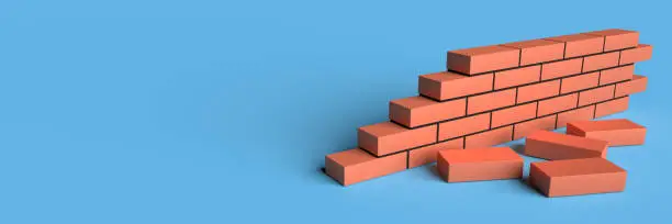 Bricks wall with blank copy space background. Construction concept. 3d rendering
