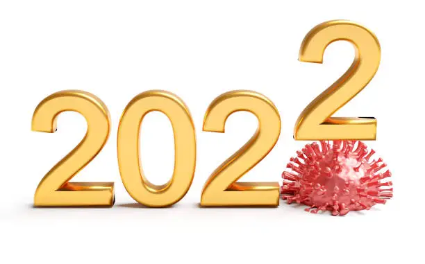 2022 is the year of the coronavirus. Digit 2022 with viruses. 3d rendering