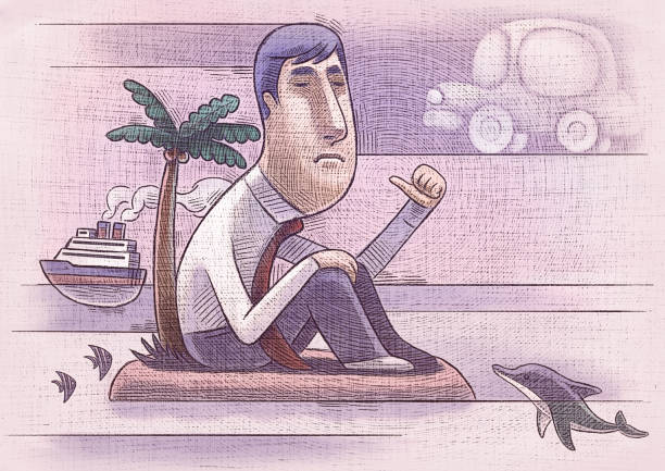 одинокий человек сидит на острове и ждет - characters uncertainty anxiety finance stock illustrations