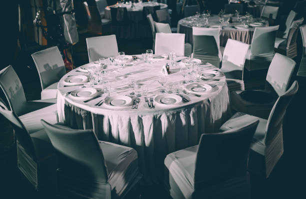 istock organized event - served round table ready for guests in restaurant 1359660579