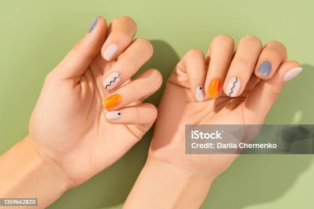 Close Up Womans Hands With Trendy Minimal Manicure On Green Background Spring Summer Nail Design Stock Photo - Download Image Now