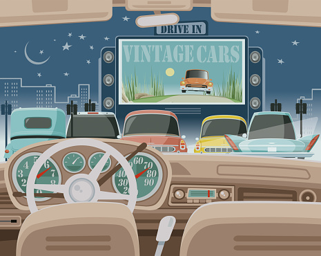 Easy editable cartoon 
drive in cinema vector illustration.
All elements was layered seperately...