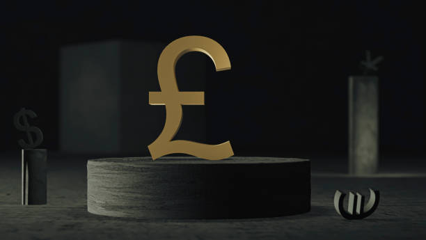 istock Gilded British pound sterling symbol is set on a concrete plinth against a background of abstract shapes and symbols of other currencies. Minimalistic realistic style. 3D rendering. Financial concept. 1359665626
