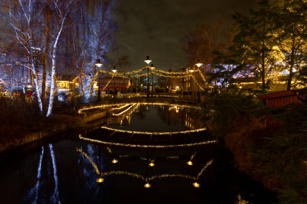 Scandinavian winter, a small bridge decorated with LED lights