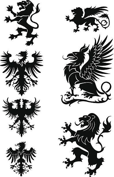 Heraldry ornament set Heraldry design elements,black colored.ZIP contain AI12cs2,EPS8,large jpeg and PDF files. bills lions stock illustrations