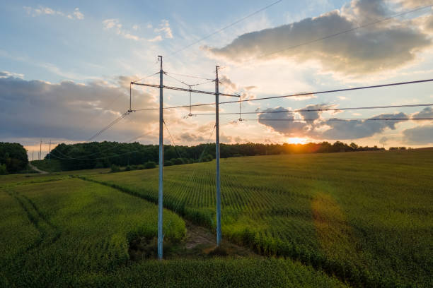 istock High voltage tower with electric power lines between green agricultural fields. Transfer of electricity concept. 1359667380