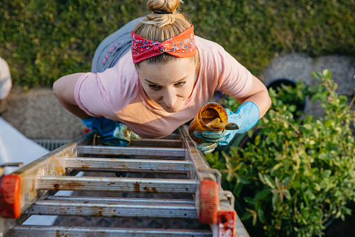 Adult woman with blonde hair tied in a braid climb up a dirty ladder,focused with paint can and brush,to reach the wooden balcony and start painting,top view,meadow in background,home improvement,horizontal