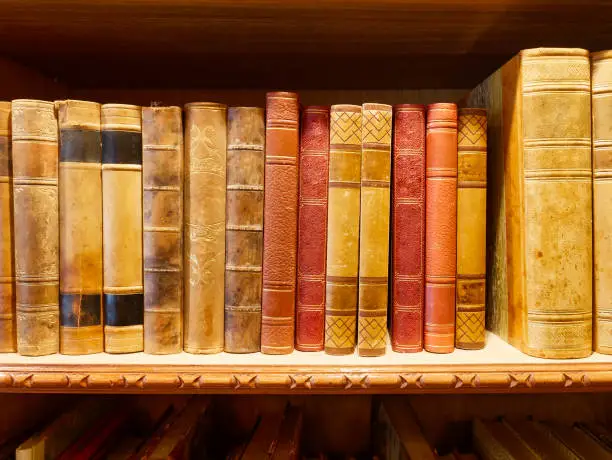 old ancient books on wooden shelf collection