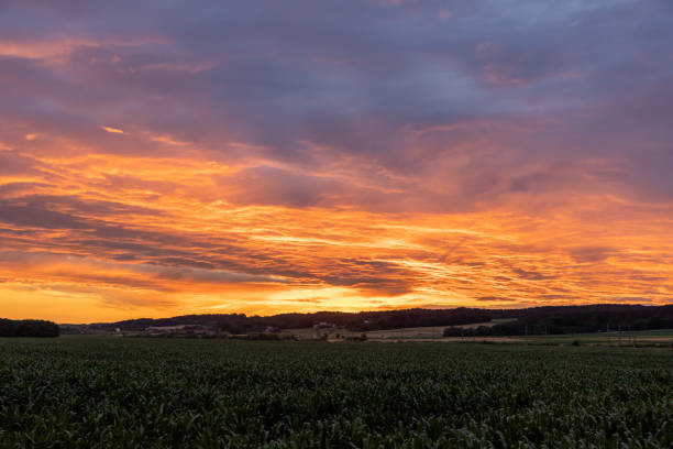 beautiful green field in the evening with dramatic sunset and spectacular clouds and hills at the horizon,horizontal