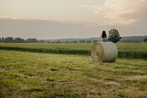 Young woman with long brown hair sitting lonely thoughtful on a hay ball in the stubble field,view from the back,summertime evening,horizontal