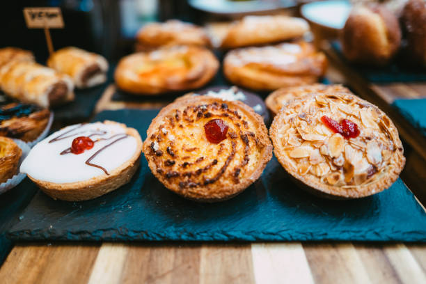 Bakewell tarts on display in bakery