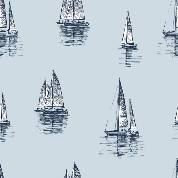 bildbanksillustrationer, clip art samt tecknat material och ikoner med seamless pattern from sketches of various sailing yachts in the sea - segelsport illustrationer