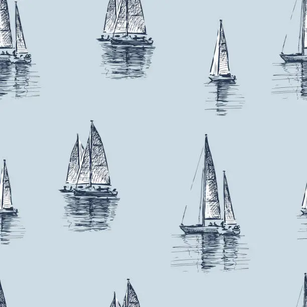 Vector illustration of Seamless pattern from sketches of various sailing yachts in the sea