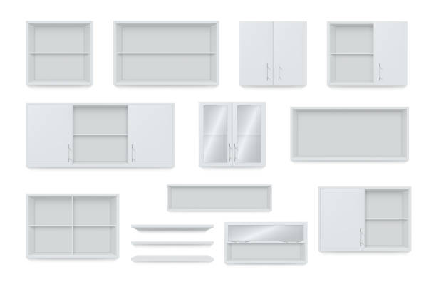 ilustraciones, imágenes clip art, dibujos animados e iconos de stock de gabinetes de pared blancos realistas y estantes colección ilustración vectorial cosas personales almacenamiento - cabinet