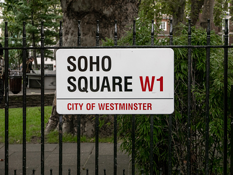 London, UK-09.10.21: Soho Square name sign, City of Westminster, London, UK