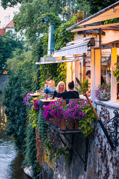 Restaurant on the Vltava River stock photo