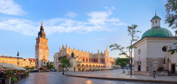 Panorama of the Market Square in Krakow, Poland, a view of the Town Hall, the Church of St. Wojciech and the Cloth Hall stock photo