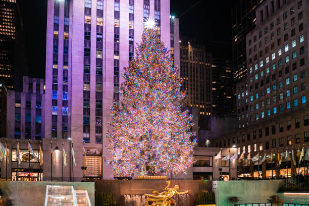 Christmas tree at Rockefeller Plaza in Midtown Manhattan New York City stock photo