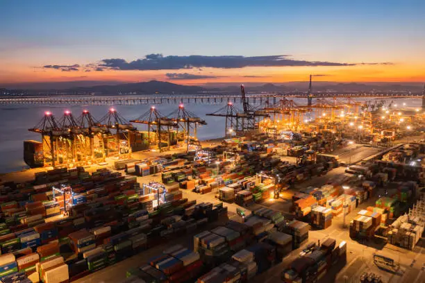 The skyline of a container terminal in Haicang District, Xiamen, China
