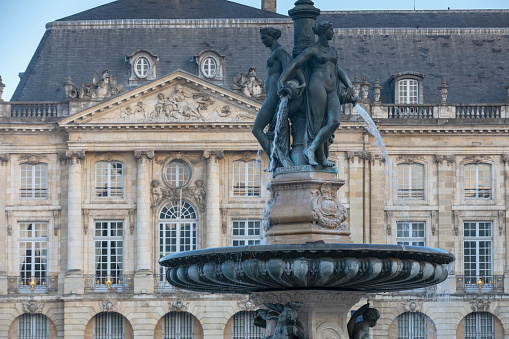 Bordeaux, France - May 14, 2021: Fountain of the Three Graces, Place de la Bourse