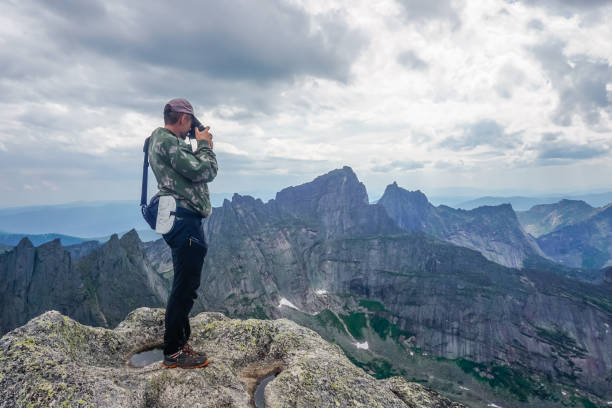 Ergaki, Krasnoyarsk Territory, Russia - July 21, 2020: Hikers in the Sayan Mountains