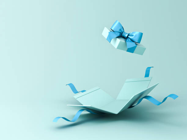 boîte cadeau bleue ouverte ou vierge avec ruban bleu et arc isolé sur fond bleu clair avec impression de rendu 3d concept minimal - gift blue gift box box photos et images de collection