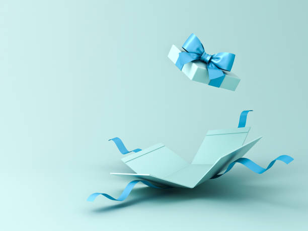 istock Blue gift box open or blank present box with blue ribbon and bow isolated on light blue background with shadow minimal concept 3D rendering 1359687301