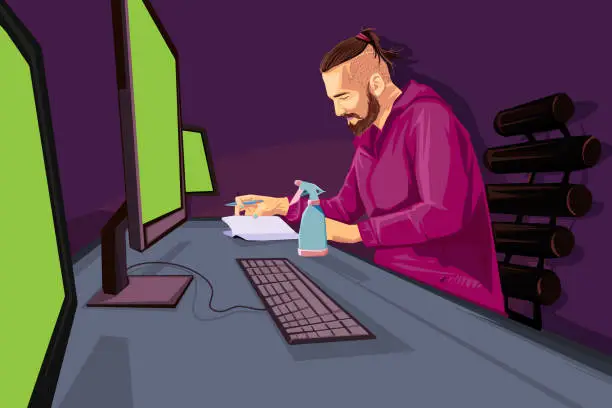 Vector illustration of Millennial guy behind computer monitors