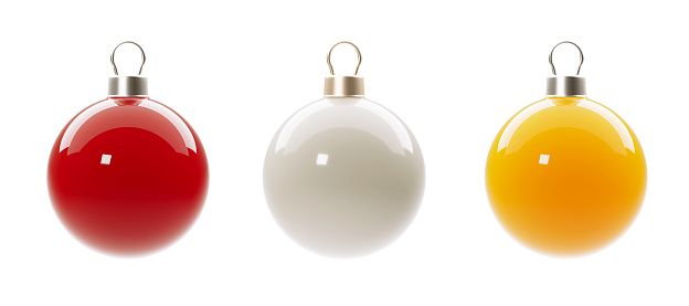 Colorful Christmas baubles on white background. Horizontal composition clipping path and with copy space. Front view. Great use as a design element for Christmas related concepts.