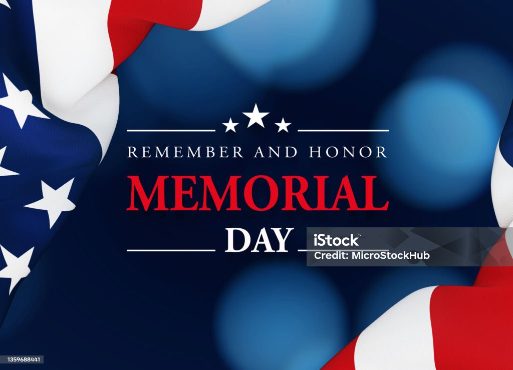 Memorial Day Concept - Memorial Day Message Sitting Over Dark Blue Background In The Midst Rippled American Flag Memorial Day message written over dark blue background in the midst rippled American flag. Horizontal composition with copy space. Directly above. US Memorial Day concept. War Memorial Holiday Stock Photo
