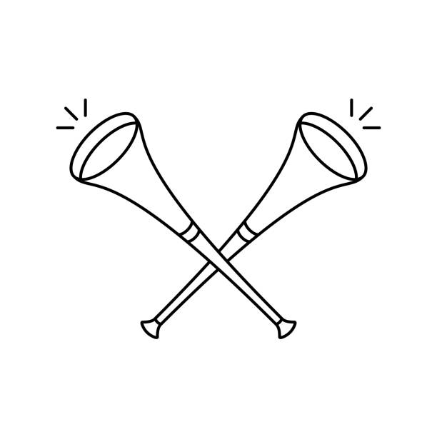 ilustrações de stock, clip art, desenhos animados e ícones de two crossed vuvuzelas, linear icon. symbol of cheer on team - vuvuzela