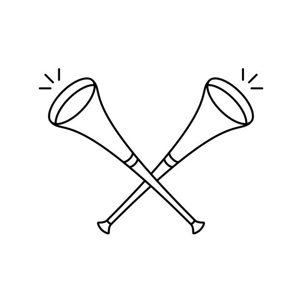 Two crossed vuvuzelas, linear icon. Symbol of cheer on team Two crossed vuvuzelas, linear icon. Symbol of cheer on team. Outline simple vector of sport trumpet. Contour isolated pictogram on white background vuvuzela stock illustrations