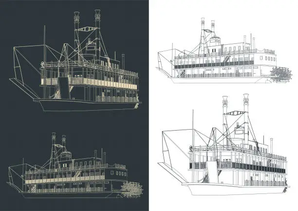 Vector illustration of Paddle steamer drawings