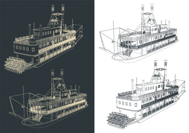 Paddle steamer sketches Stylized vector illustration of paddle steamer sketches paddleboat stock illustrations