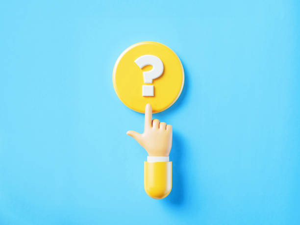 istock Cartoon Style Human Hand Clicking Over A Yellow Push Button: Question Mark Reads On Push Button 1359690374