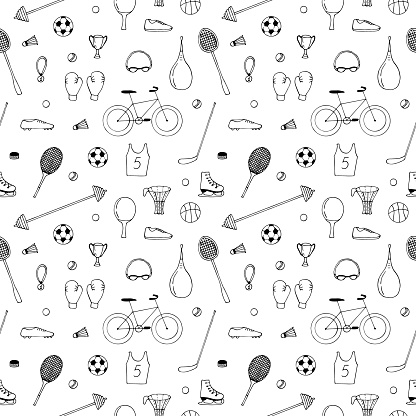 Sports seamless pattern vector illustration, hand drawing doodles