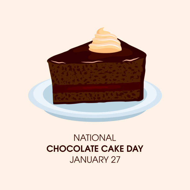 National Chocolate Cake Day vector Slice of chocolate cake with whipped cream on a plate vector. Chocolate Cake Day Poster, January 27. Important day chocolate cake stock illustrations