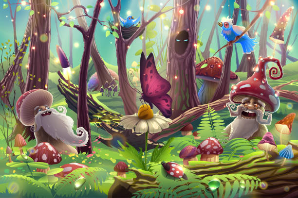 istock Magic mushrooms in forest garden with trees illustration art, fantasy drawing with butterfly over sunlight, birds, beetles, bushes, grass, leaves in nature. Summer floral park in vector. 1359697237
